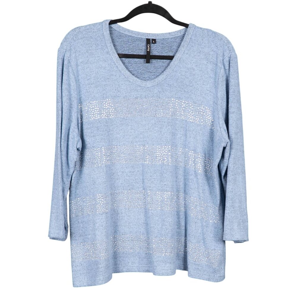 Cathy Knit Top L Womens Light Blue Rhinestone Gems Stripes 3/4 Sleeve Fleece